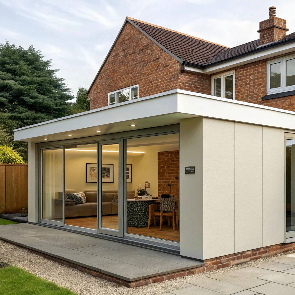 Qbic Space Home extension with stone colour cladding